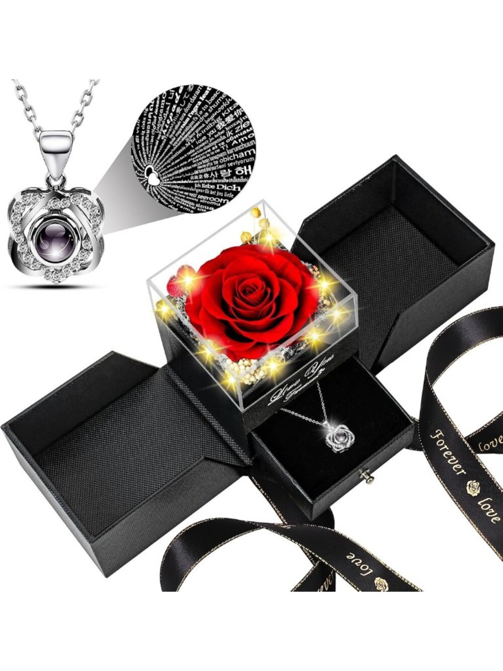 Preserved Red Rose Necklace - I Love You Gift for Mom, Wife, Girlfriend, Grandma